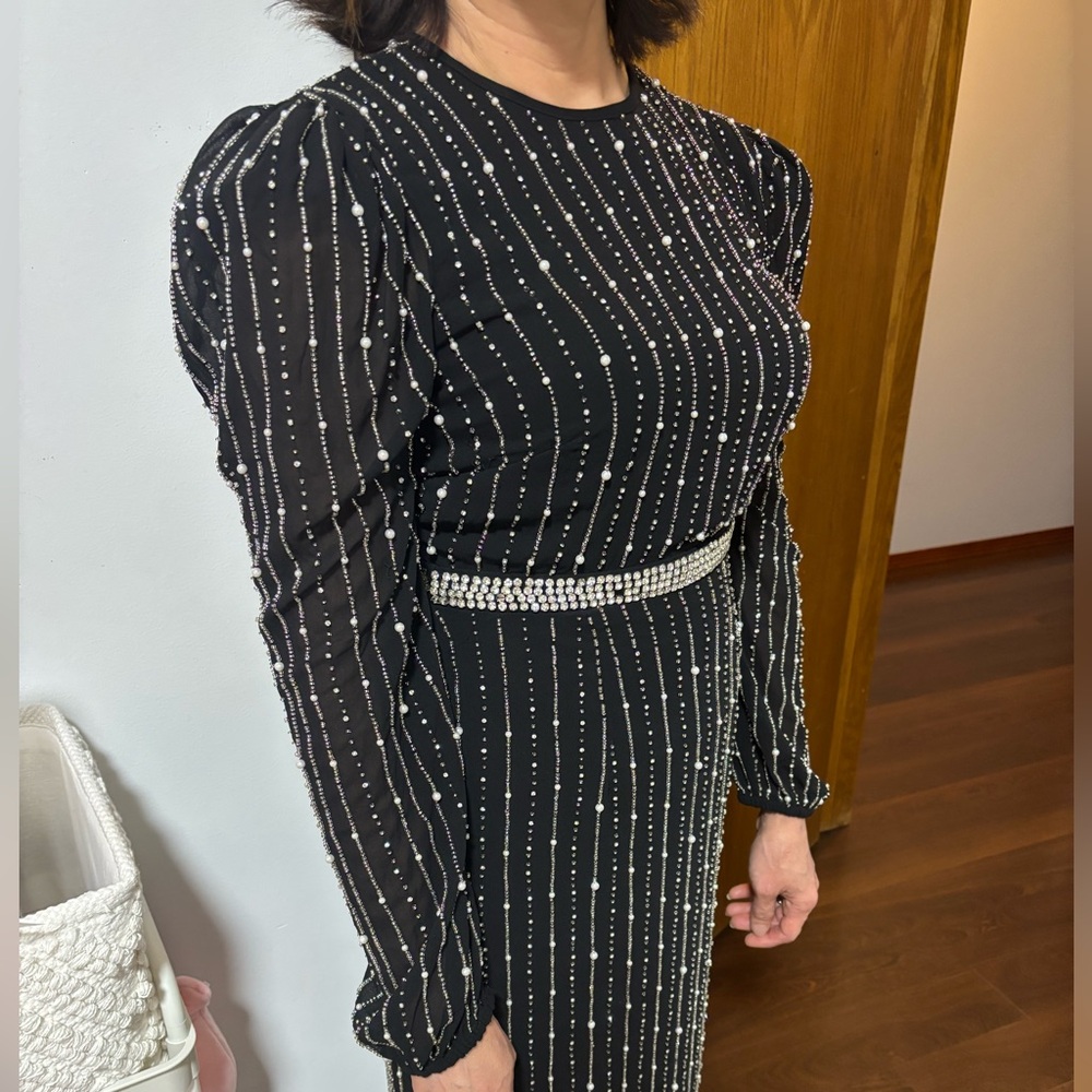 mac duggal LONG SLEEVE PUFF SLEEVE BEADED MIDI DRESS
